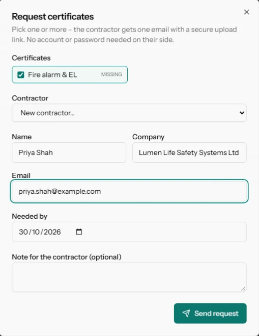 The 'Request certificates' form: tick the certificates, choose a contractor, set a 'needed by' date and send.